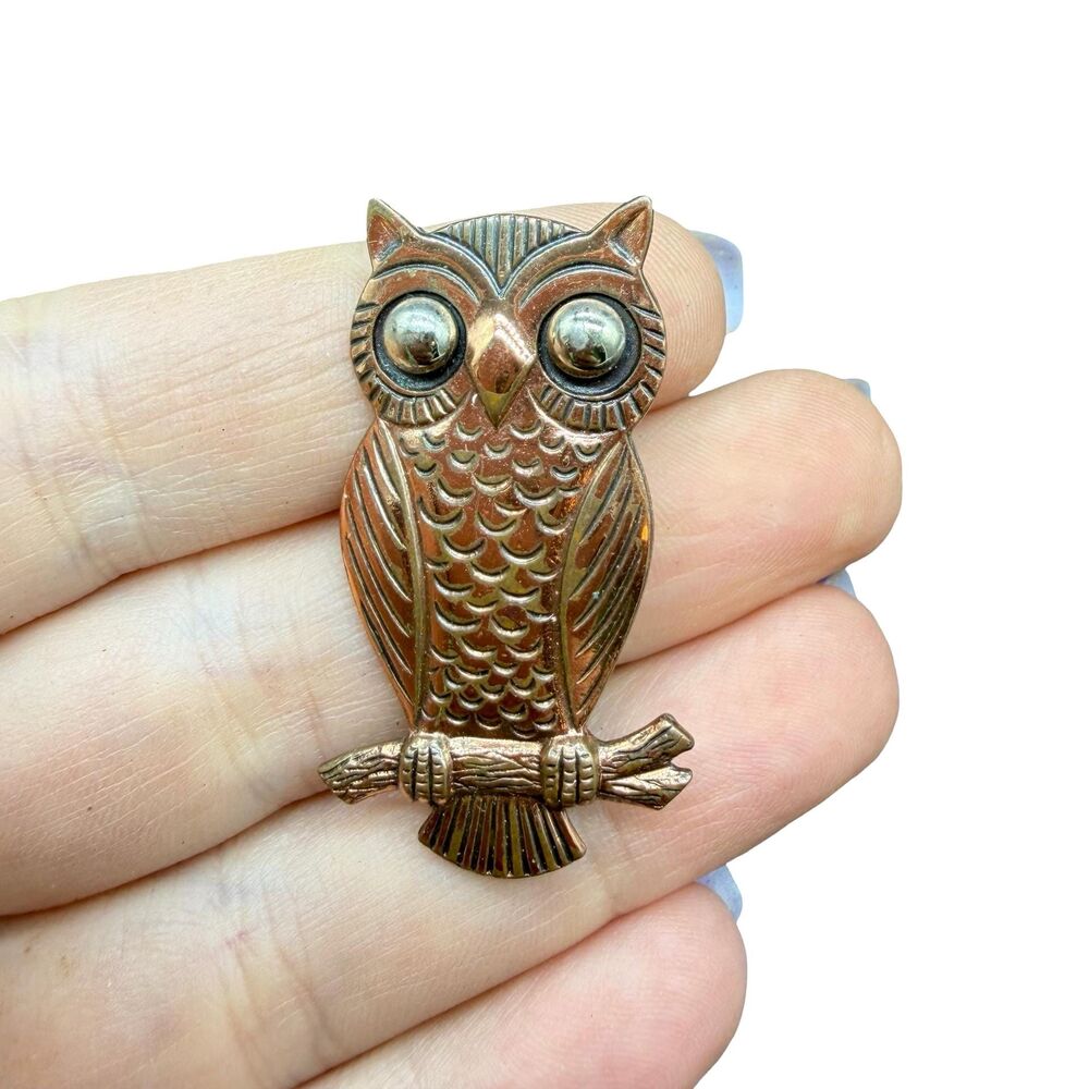 Vintage Bell Trading Post Solid Copper Owl Bird Brooch Pin Etched